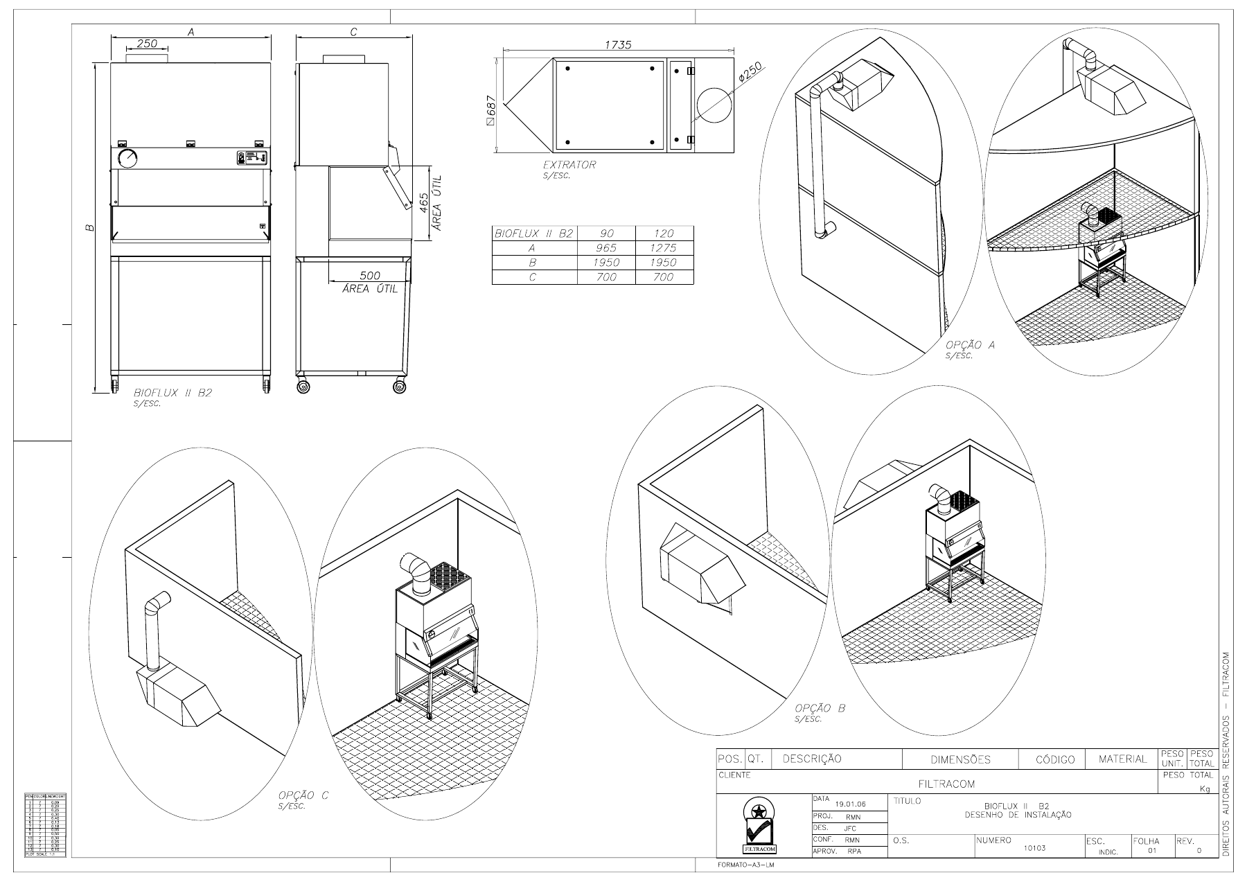 Croqui Filtracom com vistas frontal e lateral, tabela de dimensões e alternativas de instalação do extrator